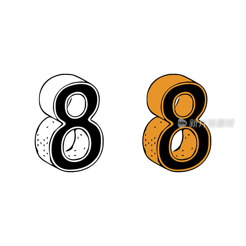 Isometric number 8 doodle vector illustration on white background. Number eight clip art.